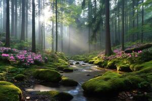 Sunbeams illuminating magical forest with rhododendrons and stream flowing photo