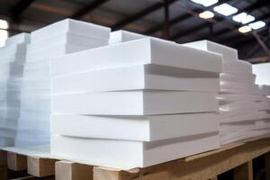 Stacks of polystyrene sheets lying on wooden pallets in factory warehouse photo