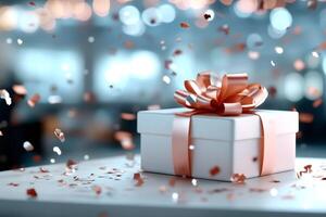 White gift box with an orange bow is waiting on a table while confetti is falling photo