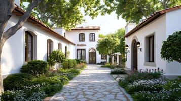 Mediterranean style resort showing stone paved path, white buildings and lush vegetation photo