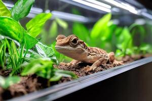 Lizard relaxing in terrarium enjoying artificial lighting and lush greenery photo