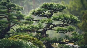 Bonsai tree getting wet in the rain in a japanese garden. photo