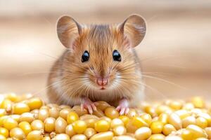 Cute mouse sitting on corn kernels looking at camera photo