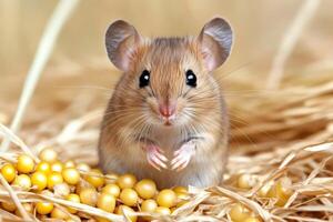 Cute mouse holding paws up while sitting on straw and soybeans photo