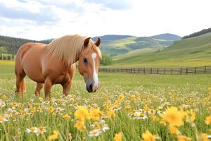 Palomino horse grazing in a field of wildflowers with mountains in the background photo