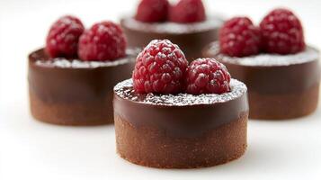 Delicious mini chocolate cakes with fresh raspberries and powdered sugar photo
