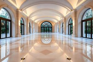 Luxurious empty hallway with marble floor reflecting warm lights photo