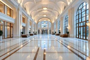 Luxurious lobby with marble floor and arched ceiling featuring elegant sofas photo