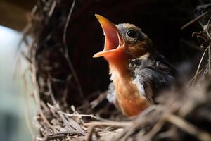 Baby bird chirping in nest waiting for. photo