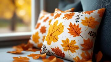 Decorative pillows with autumn leaves pattern lying on sofa near window photo
