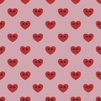 Red hearts with small faces arranged in a repeating pattern on a light pink background. The hearts have small black eyes, making them look cute and simple. vector