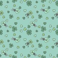 Seamless pattern with a light green background. Features a four-leaf clover and small heart shapes. vector