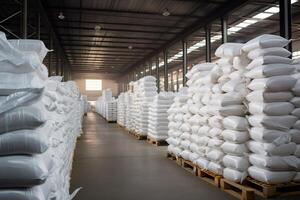 White sacks of flour or sugar stacked on wooden pallets in large warehouse photo