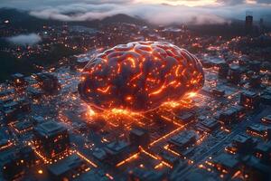 Futuristic AI Concept Glowing Brain on Digital Circuit Board at Dusk photo