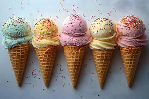 Colorful Array of Ice Cream Cones with Sprinkles for a Summer Dessert Theme photo