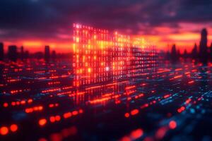 Abstract Futuristic Digital Landscape with Binary Code at Sunset - Technology Concept for Innovation photo