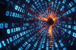 Futuristic Data Stream Tunnel with Binary Code for Technology and Innovation Concepts photo