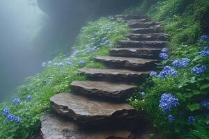 Misty Forest Path with Stone Steps and Blue Hydrangeas for Nature Tranquility Design photo