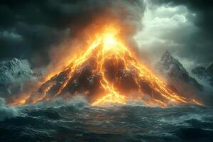 Dramatic Volcanic Eruption in Stormy Ocean Landscape for Disaster and Natural Phenomena Themes photo
