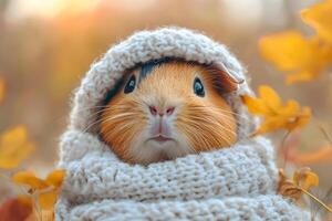 Cozy Guinea Pig Wrapped in Knitted Blanket Amid Autumn Leaves photo