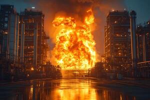 Industrial Fire Emergency Scene with Explosive Flames and Smoke in Factory Complex photo