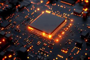 Futuristic Glowing Circuit Board with Neon Lights for Technology and Innovation Concepts photo