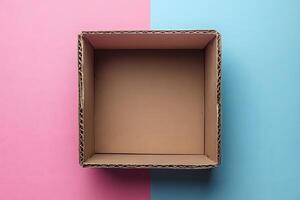 Empty Cardboard Box on Pink and Blue Background for Minimalist Design photo