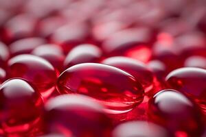 Close-Up of Red Gel Capsules with Shiny Soft Texture for Nutritional Supplement Design photo