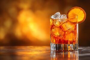 Refreshing Orange Cocktail with Ice Cubes Against Warm Bokeh Background for Beverage Design photo