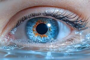 Close-Up of Radiant Blue Eye with Water Reflections - Perfect for Optical and Nature Themes photo