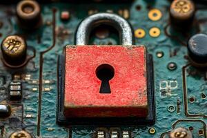 Cybersecurity Concept with Red Lock on Circuit Board for Technology Design photo