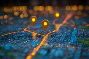 Location Points on a City Map with Glowing Pins for Navigation and Route Planning photo