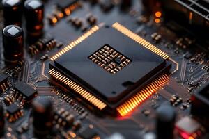 Macro View of Microchip on Circuit Board for Technology and Innovation Design photo