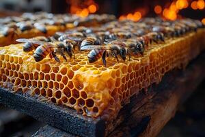 Honeybees Gather Nectar on Honeycomb in Beekeeping Environment with Burning Background photo