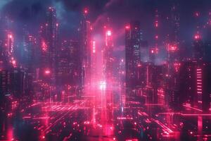 Futuristic Cyberpunk Cityscape at Night with Neon Glow for Digital Art and Design photo
