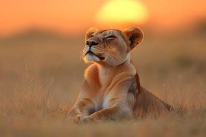 Serene Lioness Resting in Golden Sunset on African Savannah photo