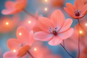Serenity in Bloom Dreamy Pink Flowers with Soft Focus and Glowing Bokeh Effect for Elegant Decor photo