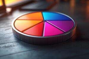 Colorful 3D Pie Chart on Wooden Surface for Data Visualization and Analytics photo