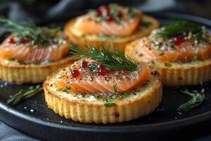 Gourmet Appetizer with Smoked Salmon and Dill Garnish on Crisp Bread for Culinary Presentation photo