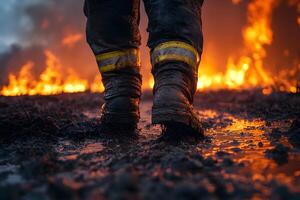 Firefighter Braving Dangerous Blaze Scene at Dusk for Safety and Rescue Mission photo