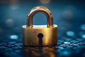 Cybersecurity Concept with Golden Padlock on Digital Surface for Secure Online Solutions photo
