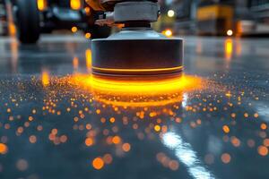 Industrial Floor Polishing Machine in Action with Glowing Sparks photo