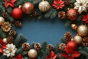 Elegant Christmas Wreath Frame with Ornaments and Pine Cones for Festive Decoration Design photo