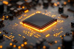 Advanced Technology Circuit Board with Glowing Microchip for Engineering Design photo
