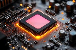 High-Tech Circuit Board with Glowing Microchip - Electronics and Innovation Concept photo