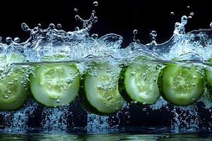 Fresh Cucumber Slices Splashing into Water Concept of Refreshment and Clean Eating photo