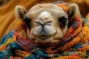 Colorful Portrait of a Camel Wrapped in Vibrant Fabric for Exotic Travel Theme photo