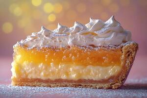 Lemon Meringue Pie Slice with Whipped Cream on Pink and Yellow Bokeh Background photo