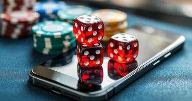 A cell phone is showing a game of dice with three red dice on it. Concept of excitement and anticipation as the player waits for the outcome of the roll photo