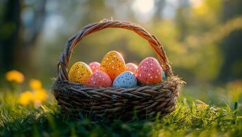 A basket full of Easter eggs is sitting on the grass. The eggs are of different colors and sizes, and they are all decorated with dots. The basket is placed in a grassy field, surrounded by flowers photo